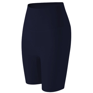 Detailed view of high-waist navy blue yoga shorts in premium elastic Lycra fabric