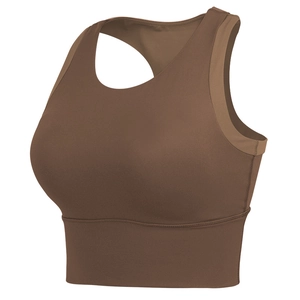 High-impact brown sports bra with wide straps and shockproof support for yoga fitness