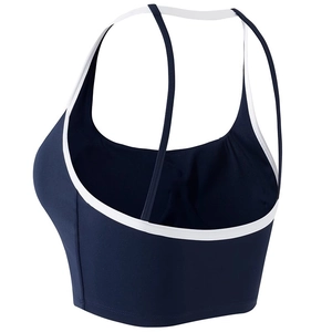 Dark blue high-impact sports bra with white contrast trim and thin cross-back straps