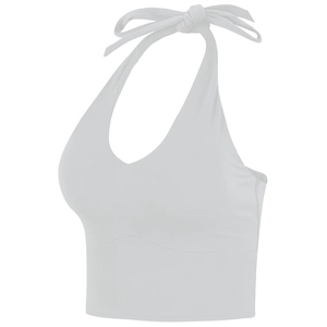 White halter neck sports bra with back tie-up design for yoga and running fitness