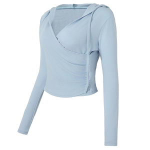 Light blue V-neck hooded yoga long sleeve top with stylish side ruching details