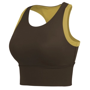 High-impact brown sports bra with contrast yellow lining and wide straps for gym yoga