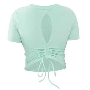 Mint green cropped yoga t-shirt with back cutout and adjustable ruched drawstring hem