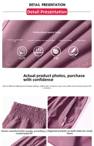 Detail of purple high-waisted joggers showing the elastic waistband and anti-slip zipper pocket