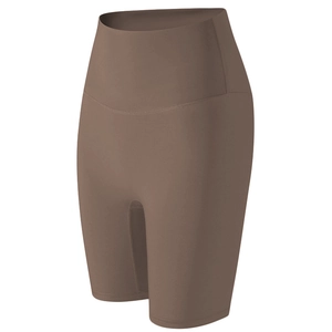 High-waisted coffee brown yoga shorts with wide waistband for tummy control and lifting