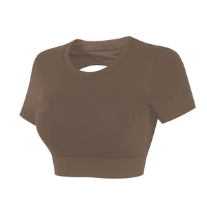 Haut de yoga marron court dos nu avec manches courtes et ourlet élastique large sport