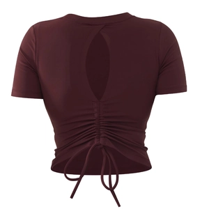 Deep red short sleeve yoga t-shirt with teardrop cutout back and drawstring hem detail