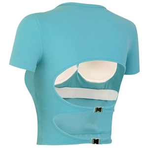 Haut de Yoga Sexy Dos Nu pour Femmes Manches Courtes Rembourré T-Shirt de Sport Séchage Rapide Coupe Slim Fitness Entraînement Haut