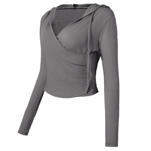 Slim fit dark grey long sleeve hooded yoga crop top with wrap V-neck and side ruching