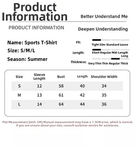 Size chart for yoga t-shirt showing measurements for chest, sleeve, and length in CM