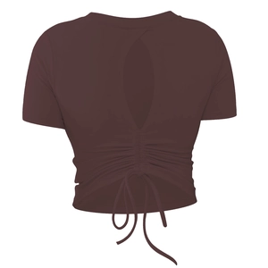 Detail of dark brown yoga crop top with teardrop back cutout and drawstring hem design