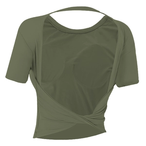 Army green backless yoga tee with built-in chest pads and crossed hem design