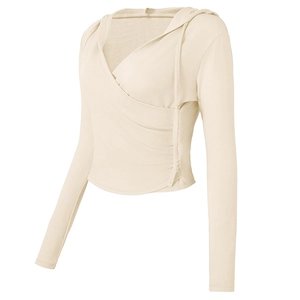 Slim fit long sleeve V-neck yoga hoodie in cream beige with wrap-style cropped design
