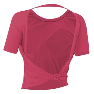 Rose red backless yoga t-shirt with built-in chest pads and stylish cross-pleated back