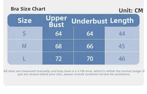 Detailed size chart for sexy yoga sports bra showing chest and length measurements in cm