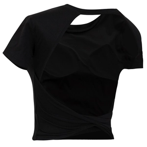 Women Backless Yoga T-Shirt With Built-in Bra Padded Short Sleeve Workout Top Fitness Gym Running Tight Sports Shirt