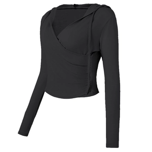 Slim fit black long sleeve hooded yoga top with stylish cross wrap V-neck and ribbed side detail