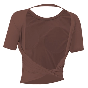 Slim fit open back short sleeve yoga top with cross-knot detail in dark coffee color