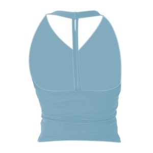 Back view of a light blue halter fitness bra with T-strap design for yoga and pilates