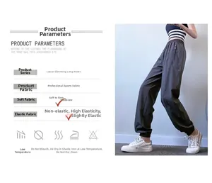 Detail view of high-waist joggers showing elastic waistband and zipper pocket features