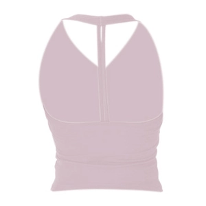 Pink halter neck yoga bra with thin T-back straps for professional pilates training