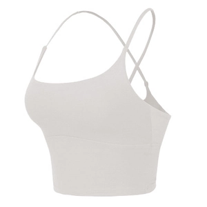 Reggiseno sportivo bianco per yoga con sottili spalline incrociate e orlo elastico