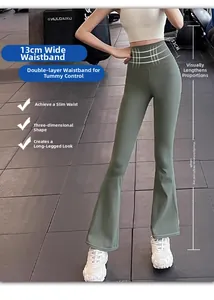 Dettaglio della fascia alta modellante a doppio strato da 13cm sui pantaloni yoga verdi