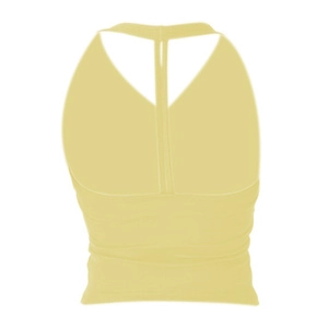 Macro detail of pale yellow ribbed knit fabric and T-back strap design on sports bra