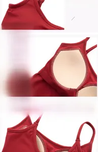 Detail showing the burgundy ribbed yoga vest with built-in pads and U-shaped back design