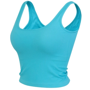 Débardeur de Yoga Nervuré pour Femmes Soutien-Gorge de Sport Antichoc Col en U Bordure Contrastée Haut de Course sans Manches