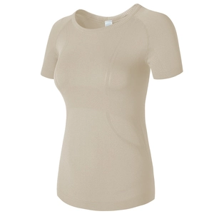 T-shirt de yoga respirant beige coupe ajustée sans couture pour entraînement fitness