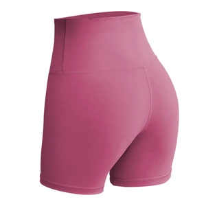 High-waisted quick-dry yoga shorts in rose red, back view for fitness and pilates