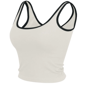 Gilet de yoga côtelé crème pour femmes avec bordure contrastée noire et tissu extensible