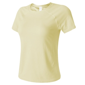 Close-up of breathable knit fabric texture on light yellow women's athletic t-shirt