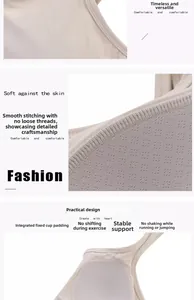 Detail of fixed cup pads on beige sports bra for high impact stability and support