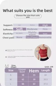 Detailed size chart for red yoga sports bra with high support and elasticity metrics