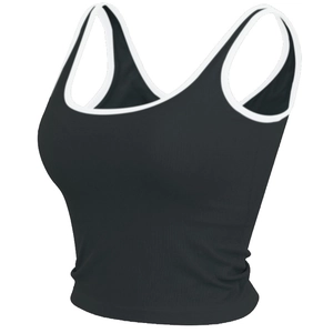 Crop top de sport noir en maille côtelée pour femmes avec col en U et liseré blanc