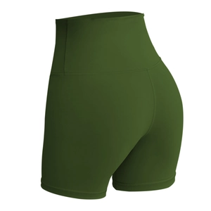Olive green high waist yoga shorts with tummy control and breathable quick-dry fabric