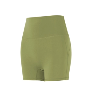 Pantaloncini yoga vita alta arricciati verde oliva per fitness e corsa da donna