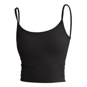 Black ribbed yoga crop top with thin spaghetti straps and seamless supportive fit