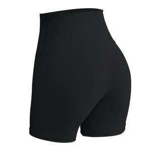 Close-up of black high-waisted yoga shorts featuring seamless stitching and butt-lifting cut
