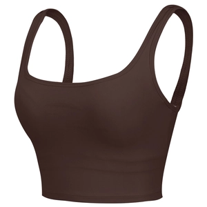 Deep brown square neck sports bra with ribbed details for high intensity running and yoga