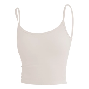 Creamy white ribbed yoga camisole with thin straps and supportive padded sports bra