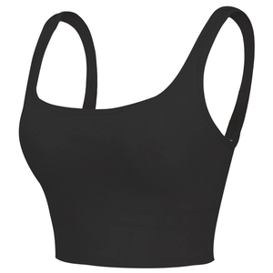 High-impact black sports bra with wide straps and square neck for running and yoga