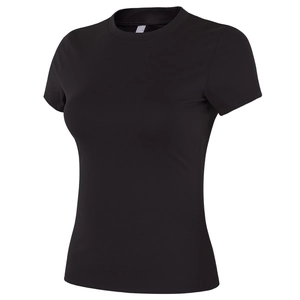 T-shirt de yoga noir à manches courtes pour femmes, coupe ajustée avec col rond sport