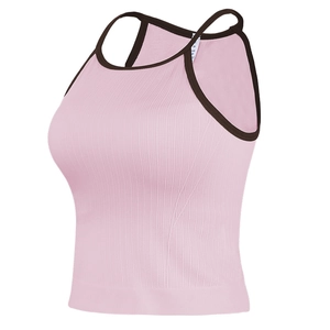 Pink and brown ribbed yoga tank top with padded sports bra and slim fit design