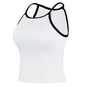 Women's rib-knit halter yoga tank top in white with black contrast binding trim