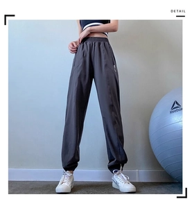 Detail of high waist joggers with side zipper pocket and elastic waistband in dark grey