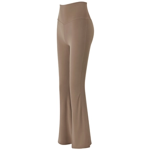 Pantaloni yoga a zampa marrone caffè a vita alta con taglio a V e design modellante