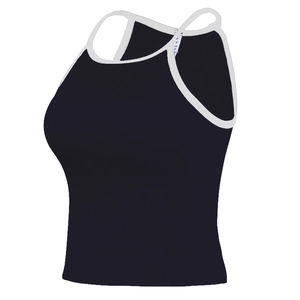 Slim fit black ribbed yoga tank top with white contrast trim and built-in chest padding